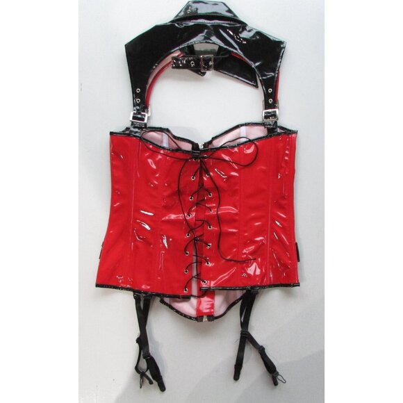 Red Black Shiny Vinyl Collared Corset - S/M - NEW - Picture 5 of 8